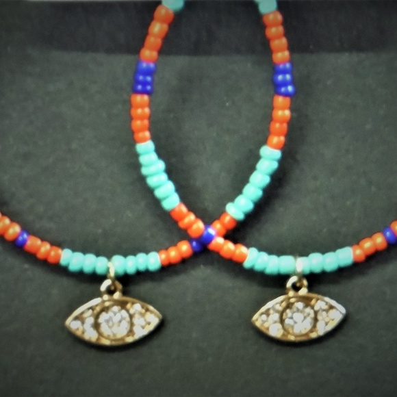 Beaded Hoop Earrings with Evil Eye Charm - Picture 2 of 2